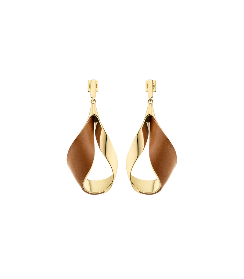 Ormé Pendant Earrings - Gold Gilded with Camel Leather